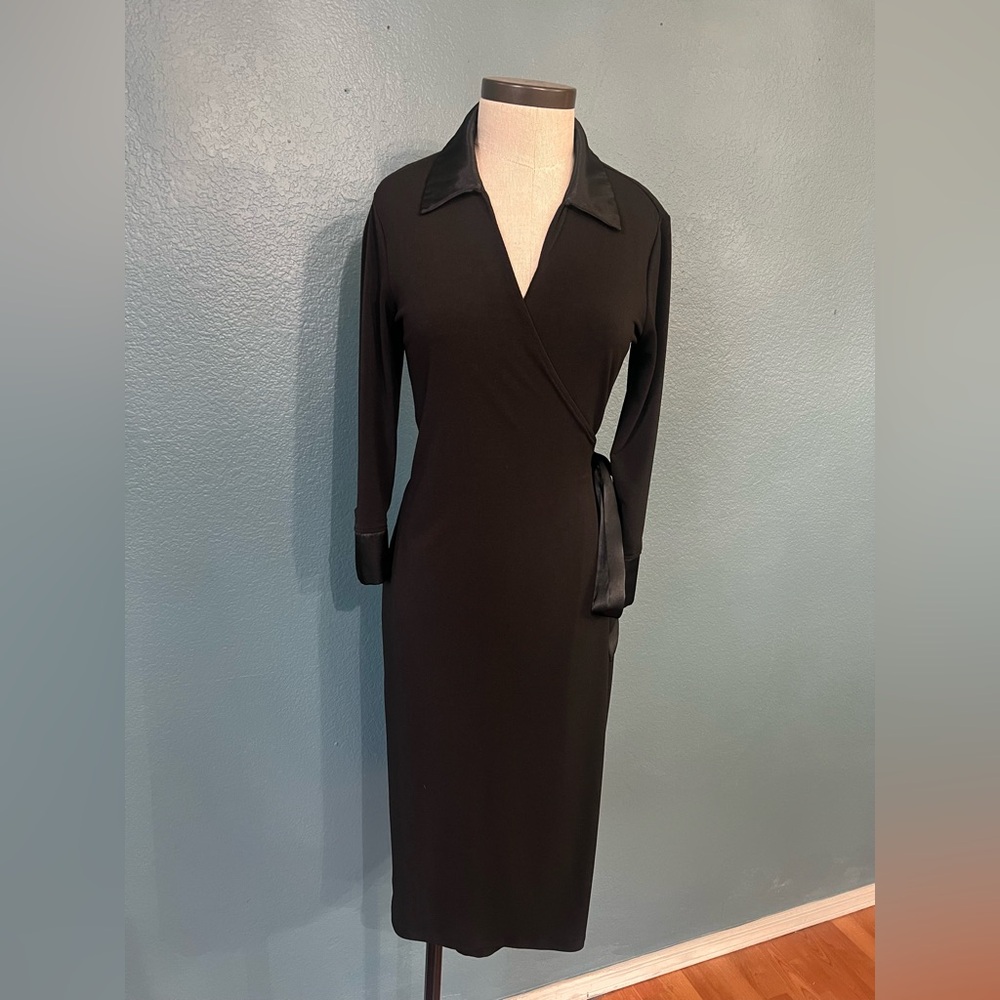 Ladies George‎ Stretch Black V-Neck Midi Wrap Dress with 3/4 sleeves silk trim